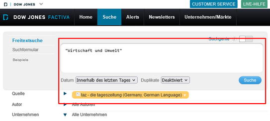 Screenshot aus Factiva Datenbank Abbildung eines Suchfensters mit der Suche nach der Zeitschrift "Wirtschaft und Umwelt"