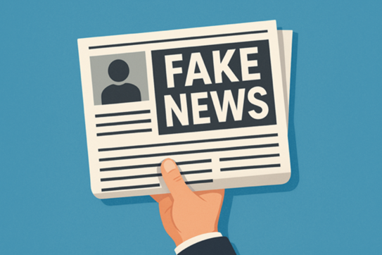 Fake News Comiczeichnung einer Zeitung mit der Schlagzeile FAKE NEWS die von einer Hand hochgehalten wird