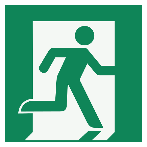 Green emergency exit sign with person running