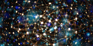 Netzwerk Weiße, hellblaue und dunkelblaue Punkte vor schwarzem Hintergrund, die mit goldenen Linien verbunden sind.